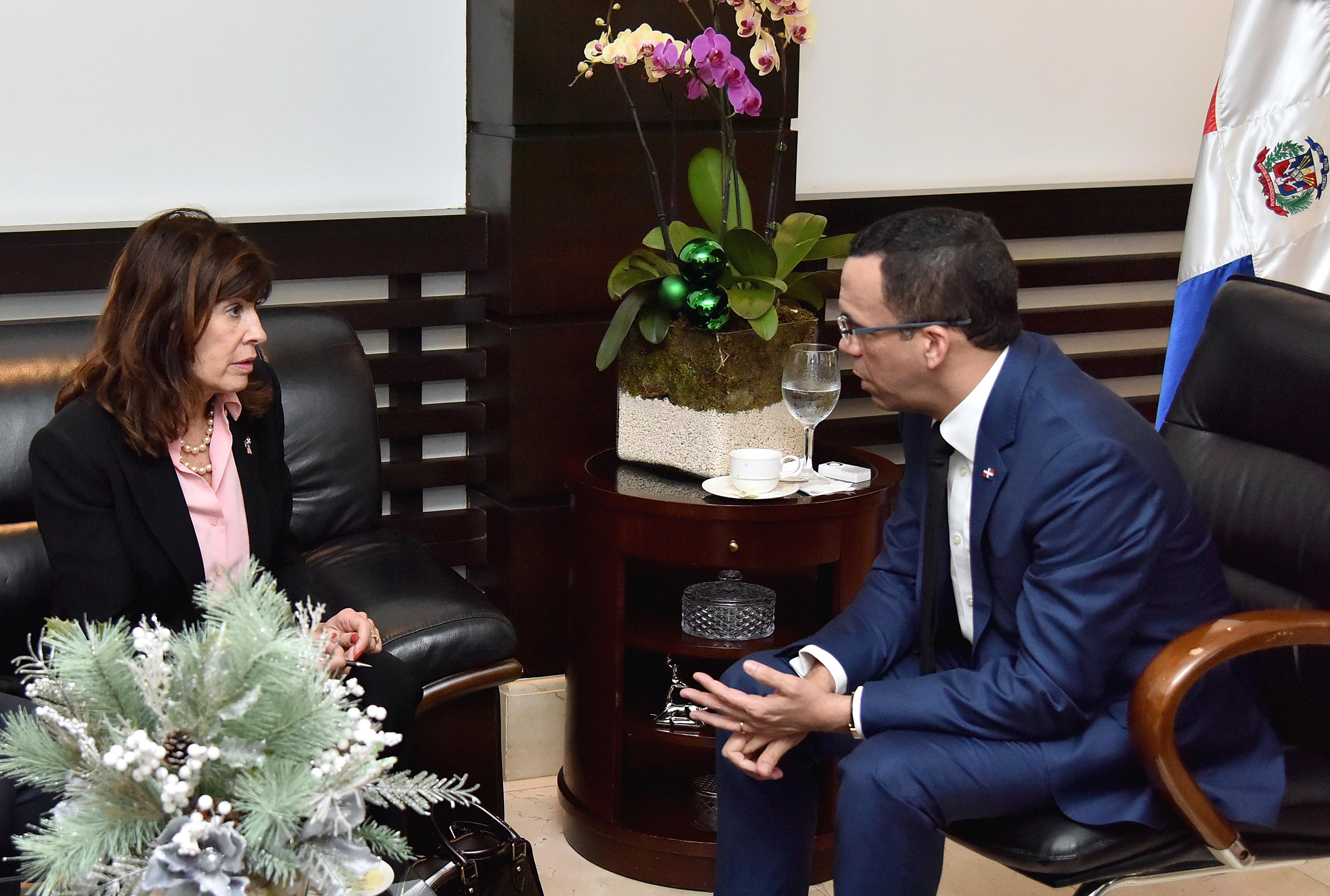  imagen Ministro Andr&eacute;s Navarro de pie junto a embajadora de los Estados Unidos estrechandose la mano
&nbsp; 